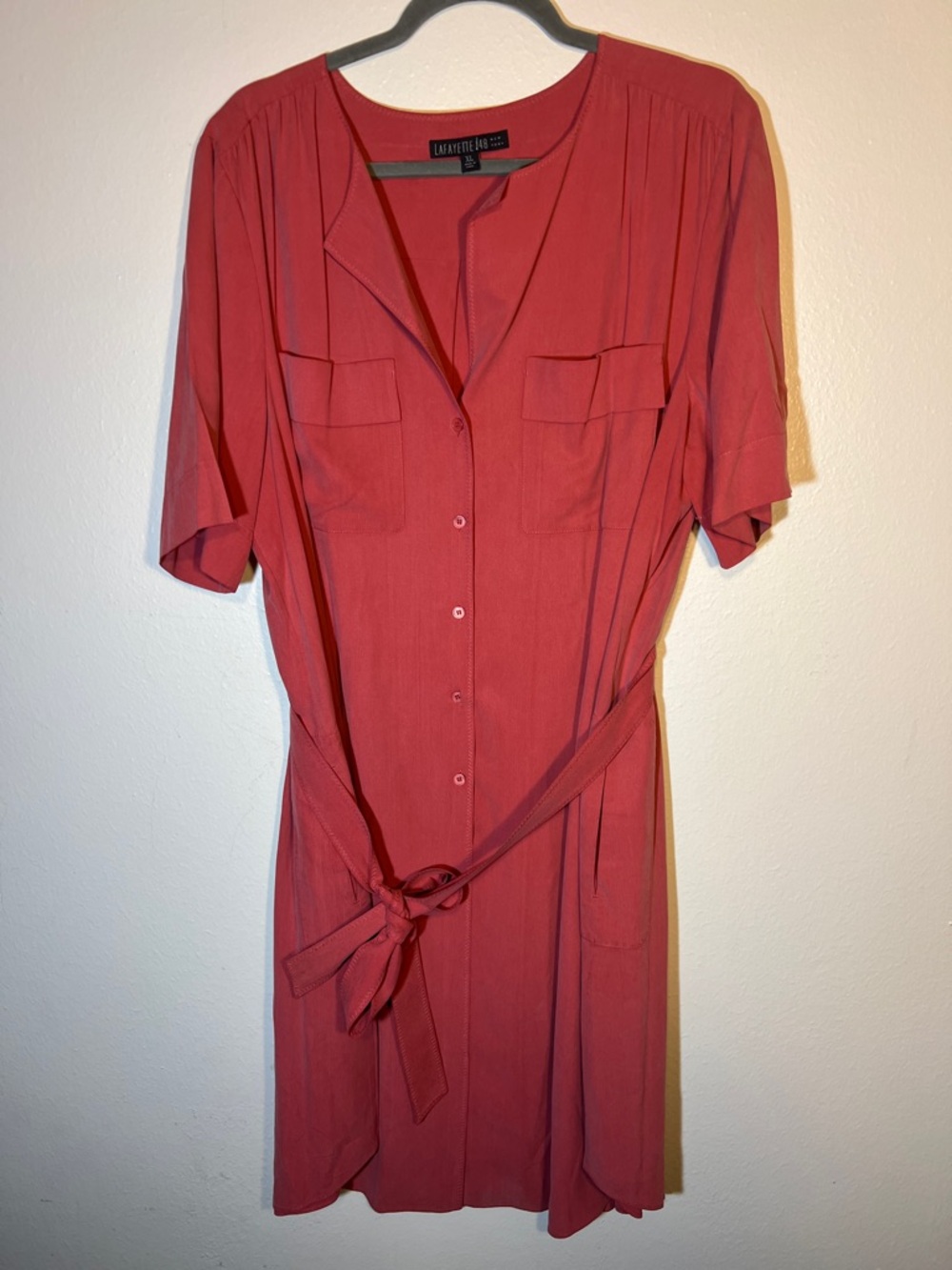 Lafayette 148 Rose Coral Silk Short Sleeve Button Front Shirt Mini Dress XL